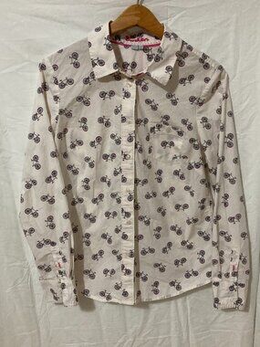 Boden Women Size 12 Button Up White Shirt Geo Print Bicycles Whimsical Prep Fun